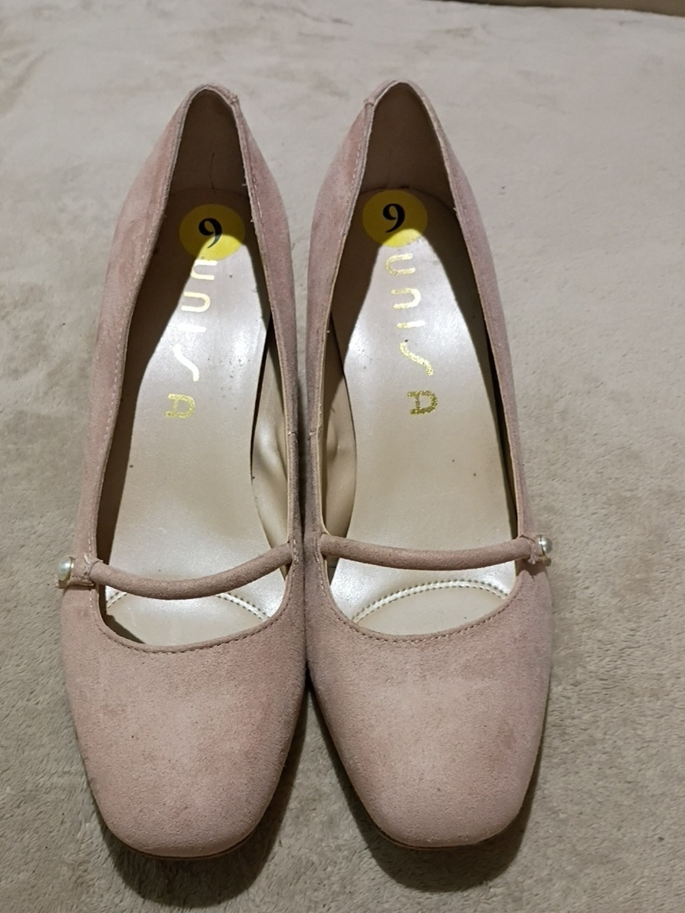 Unisa Blush Pink Faux Suede Pearl-Trim Mary Jane Block Heels